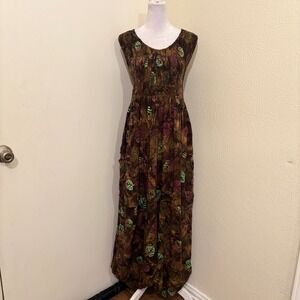 Lotus Traders Brown Batik Leaf Print Smocked Maxi Dress Boho Fairycore Forest